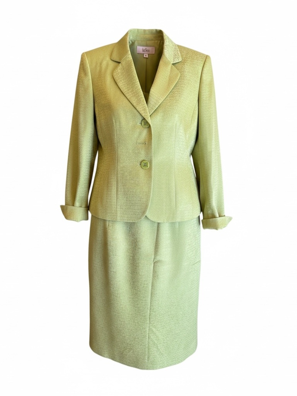 Le Suit Pistachio Green Two-Piece Skirt Suit
